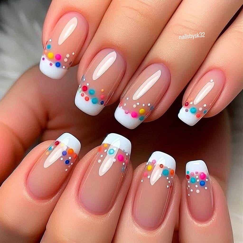 Close up of short, square nude nails with glossy white French tips, decorated with colorful confetti style dots and tiny rhinestone accents for a playful, spring inspired manicure.
