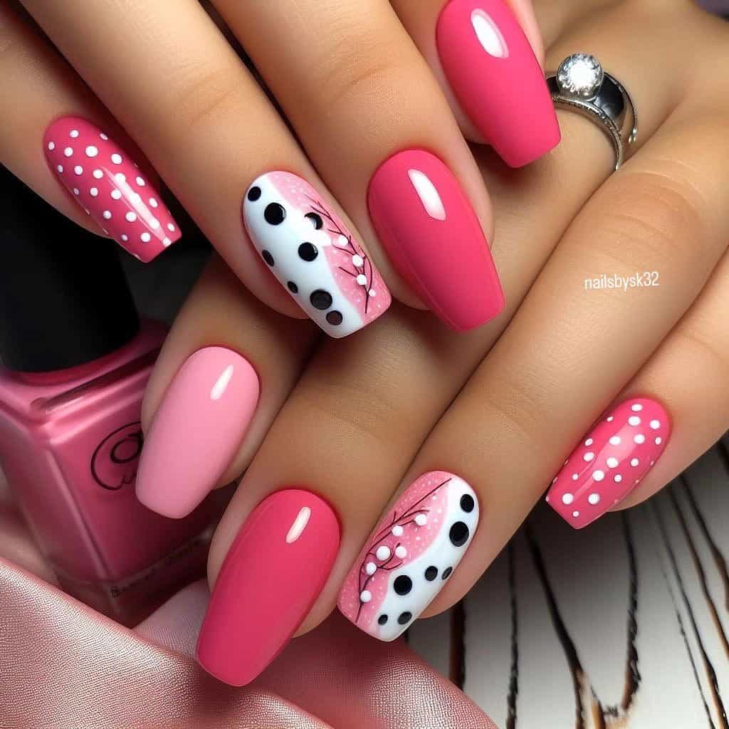 Close up of long square nails featuring bright pink and blush polish mixed with playful polka dot and abstract accent designs in white and black, creating a fun, Valentine’s inspired manicure.
